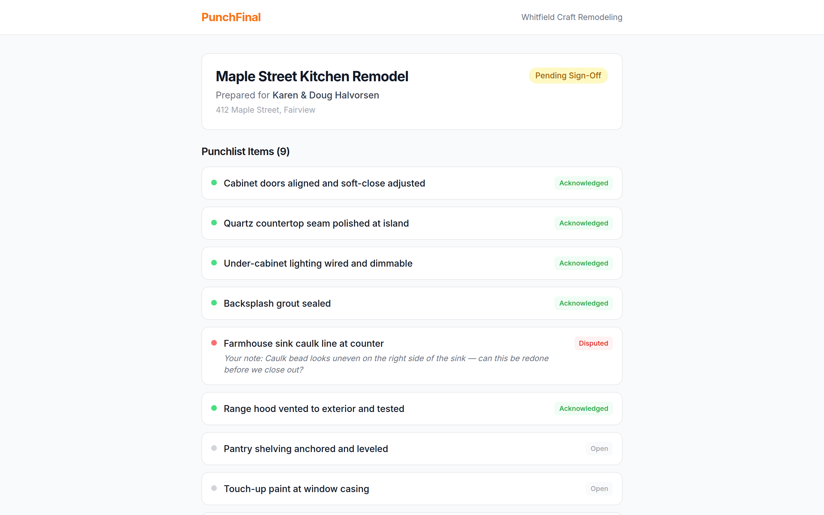 Client portal showing an item flagged as Disputed with the homeowner's note before sign-off