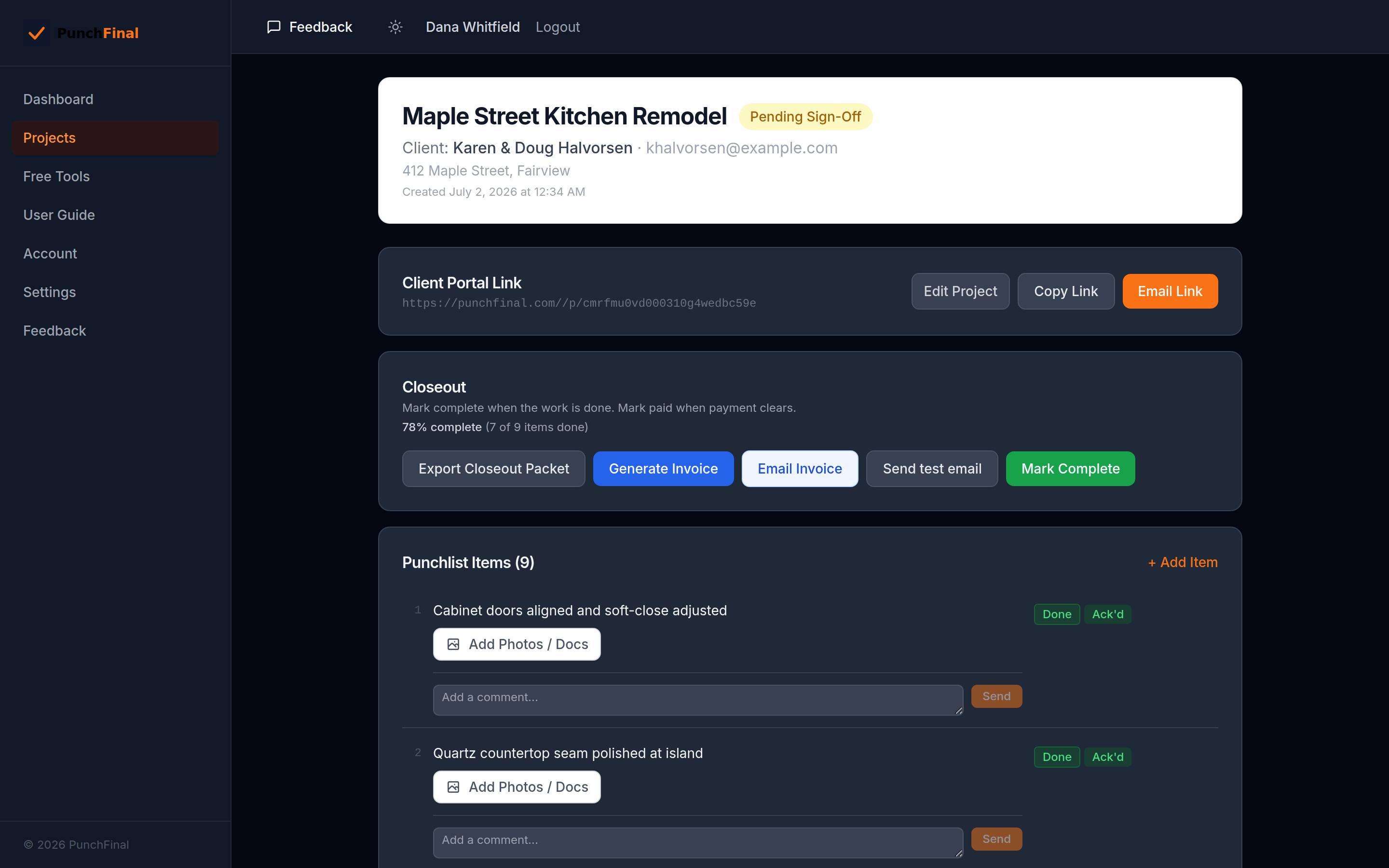 PunchFinal project page showing a kitchen remodel punchlist at 78% complete, with Done and Ack'd badges and one disputed item